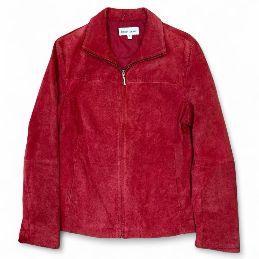 Vintage Red Leather Full Zip Blazer Jacket Women's Size XL Preppy Holiday City